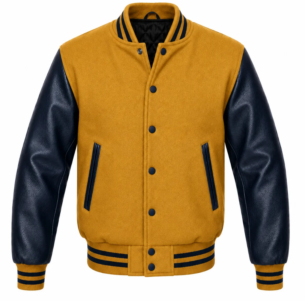 Mustard yellow melton wool letterman jacket with navy blue leather sleeves, front view