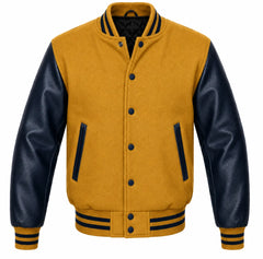 Mustard yellow melton wool letterman jacket with navy blue leather sleeves, front view