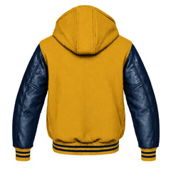 Mustard Yellow and Navy Blue Letterman Jacket with Hood