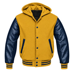 Mustard Yellow and Navy Blue Letterman Jacket with Hood