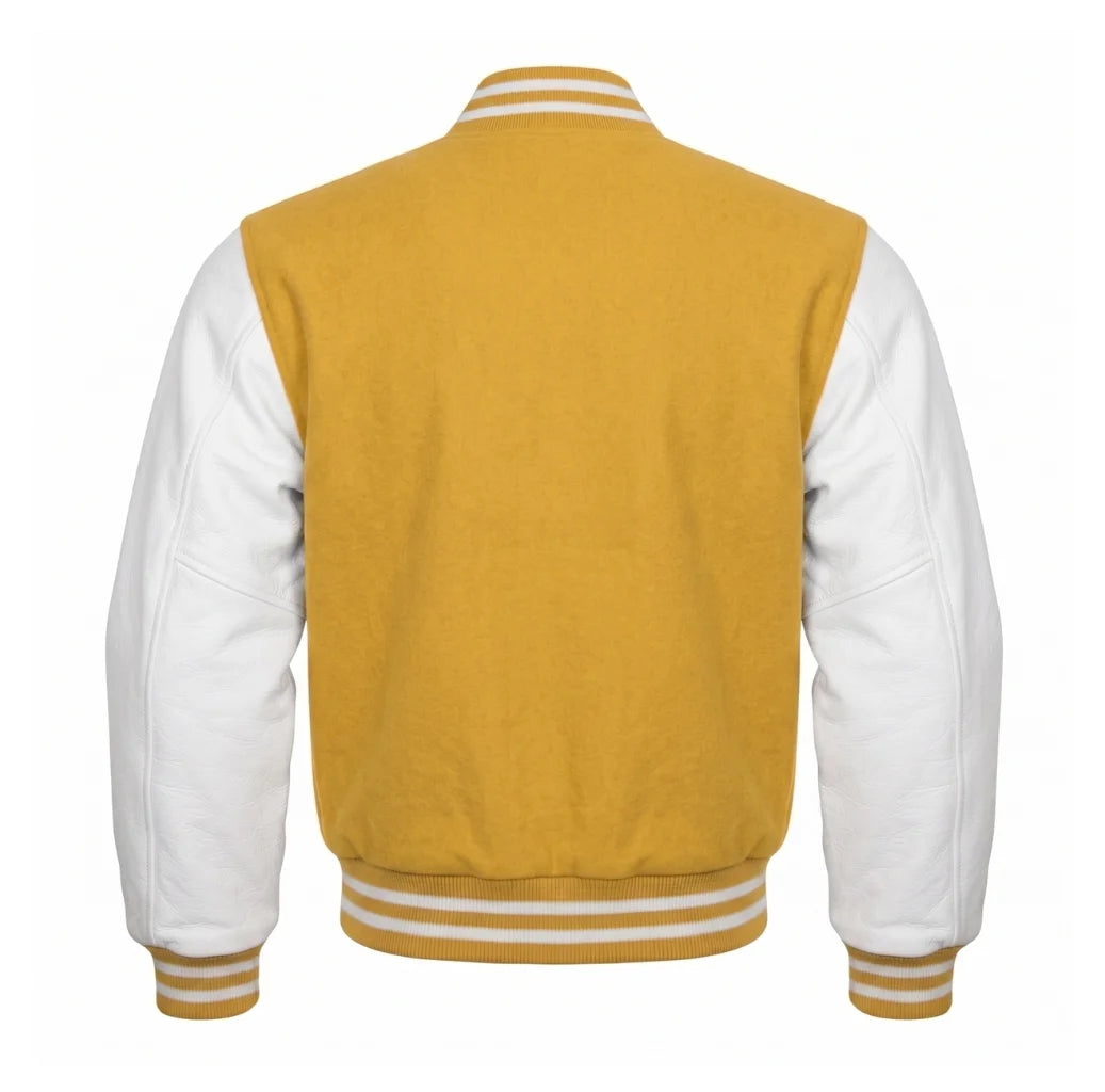 Mustard Yellow and White Varsity Jacket with Wool Body and Leather Sleeves Back View