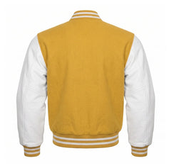 Mustard Yellow and White Varsity Jacket with Wool Body and Leather Sleeves Back View
