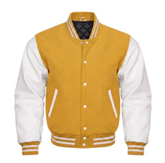 Mustard Yellow and White Varsity Jacket with Wool Body and Leather Sleeves