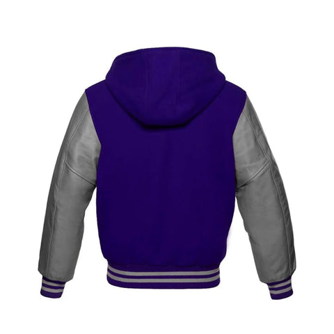 Navy Blue Wool and Grey Leather Hooded Varsity Jacket Back Side