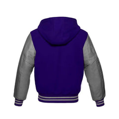 Navy Blue Wool and Grey Leather Hooded Varsity Jacket Back Side