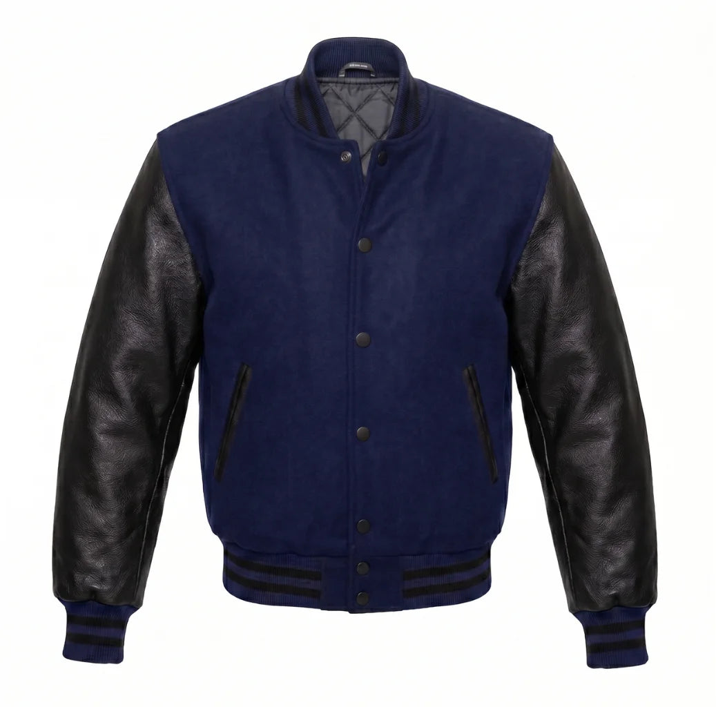 Navy Blue and Black Varsity Jacket with Wool Body and Leather Sleeves