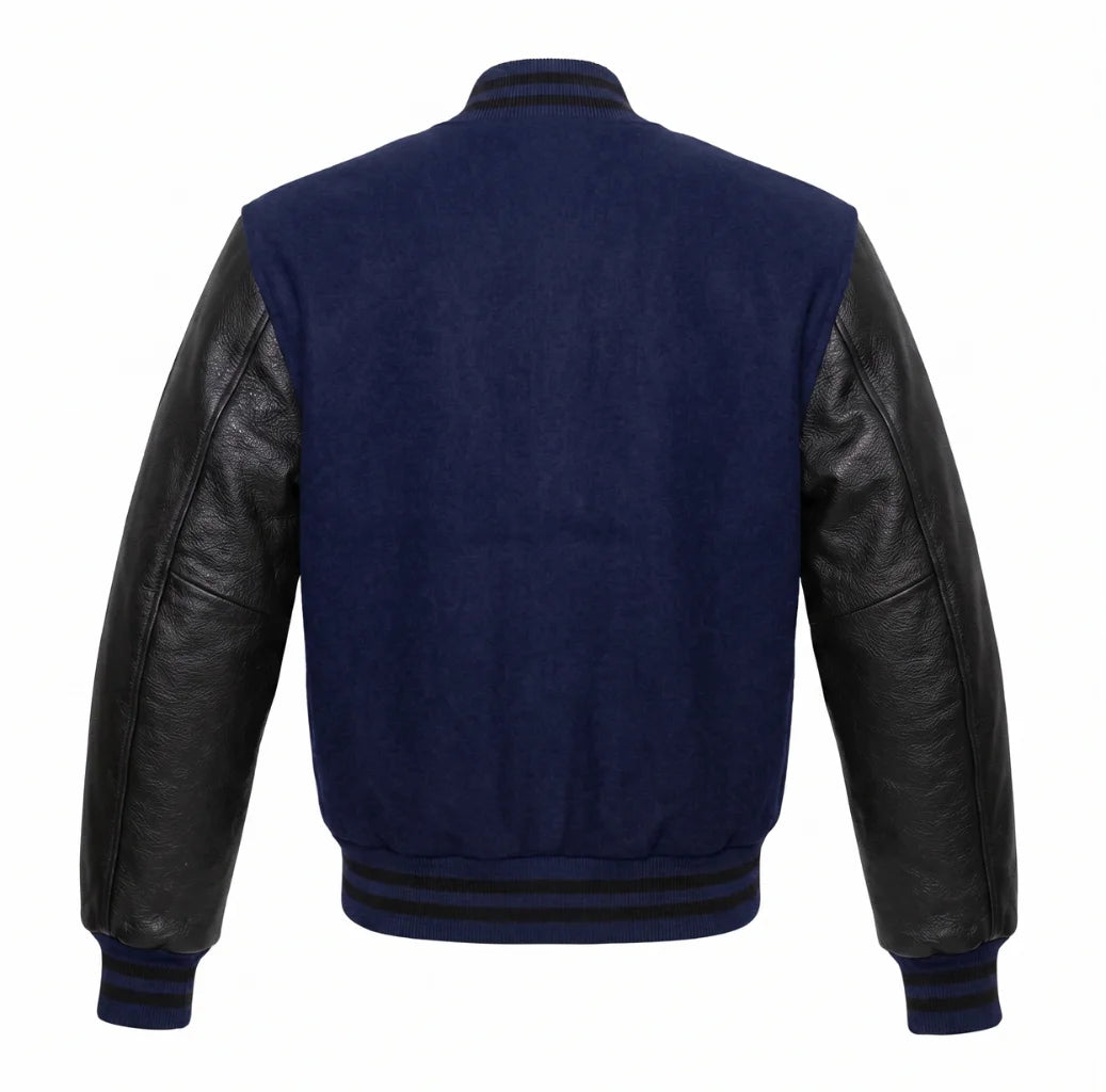 Navy Blue and Black Varsity Jacket with Wool Body and Leather Sleeves Back View