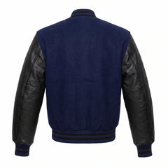 Navy Blue and Black Varsity Jacket with Wool Body and Leather Sleeves Back View