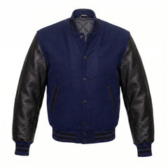 Navy Blue and Black Varsity Jacket with Wool Body and Leather Sleeves