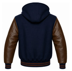 Navy Blue and Brown Hooded Varsity Jacket