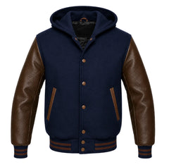 Navy Blue and Brown Hooded Varsity Jacket