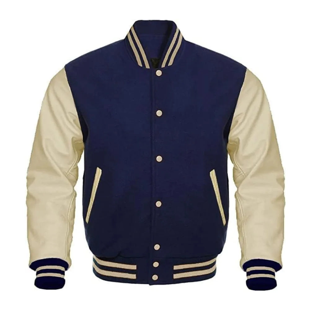 Navy Blue and Cream Varsity Jacket with Wool Body and Leather Sleeves
