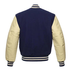Navy Blue and Cream Varsity Jacket with Wool Body and Leather Sleeves Back Side