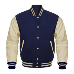 Navy Blue and Cream Varsity Jacket with Wool Body and Leather Sleeves
