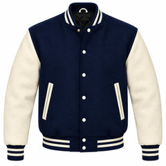 Navy Blue and Cream Wool Varsity Jacket