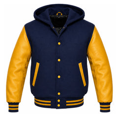 Navy Blue and Gold Hooded Letterman Jacket