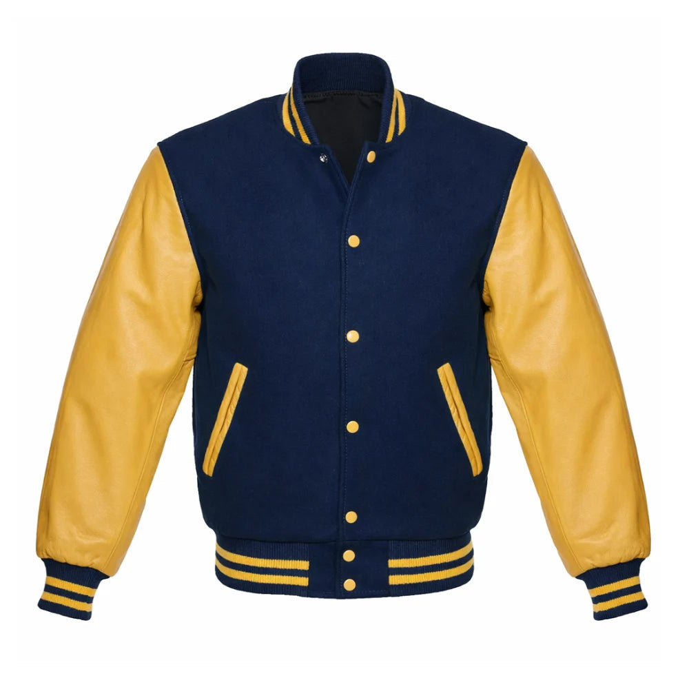 Navy Blue and Gold Varsity Jacket with Wool Body and Leather Sleeves