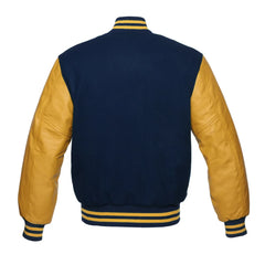 Navy Blue and Gold Varsity Jacket with Wool Body and Leather Sleeves Back Side