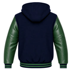 Navy Blue and Green Varsity Jacket with Hood
