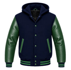 Navy Blue and Green Varsity Jacket with Hood