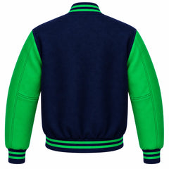 Navy Blue and Green Wool Varsity Jacket
