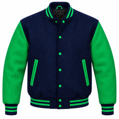 Navy Blue and Green Wool Varsity Jacket