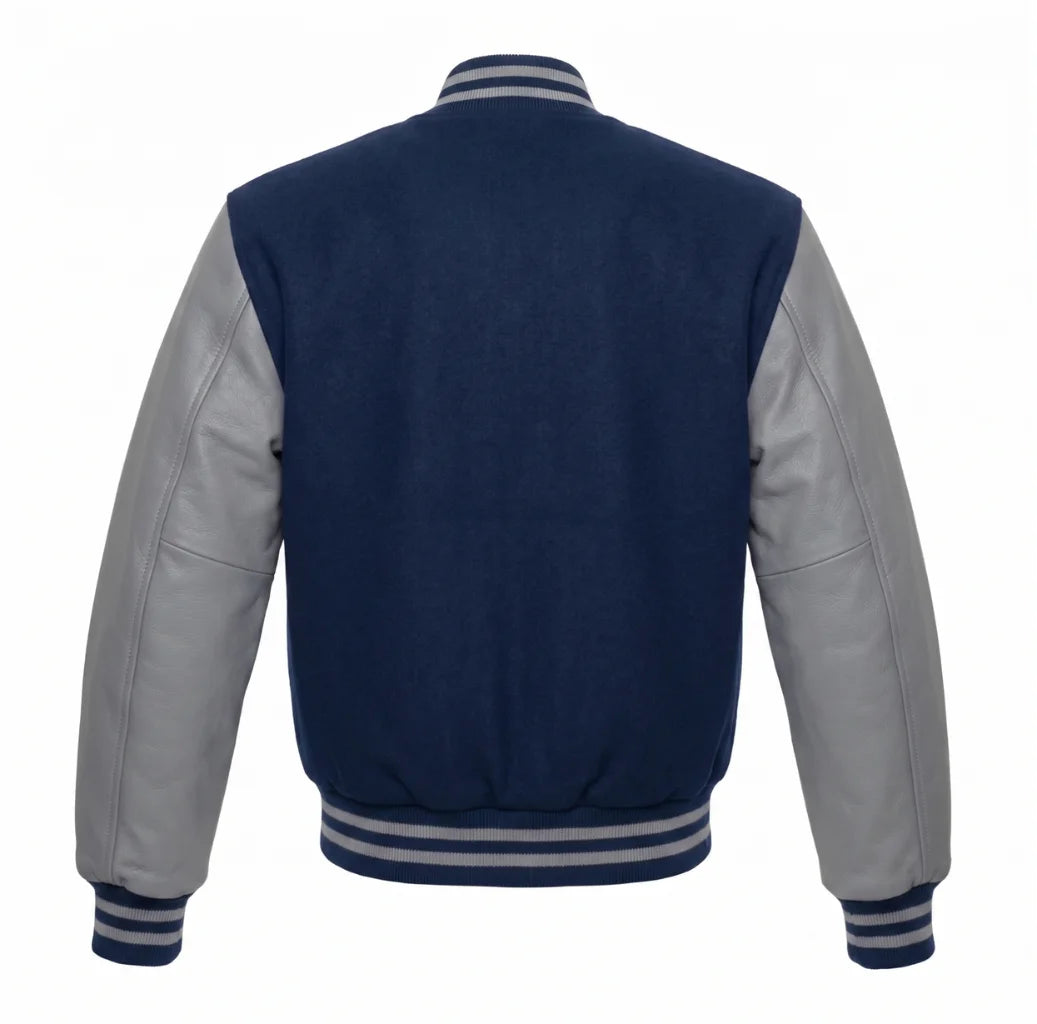 Navy Blue and Grey Varsity Jacket with Wool Body and Leather Sleeves Back View