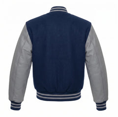Navy Blue and Grey Varsity Jacket with Wool Body and Leather Sleeves Back View