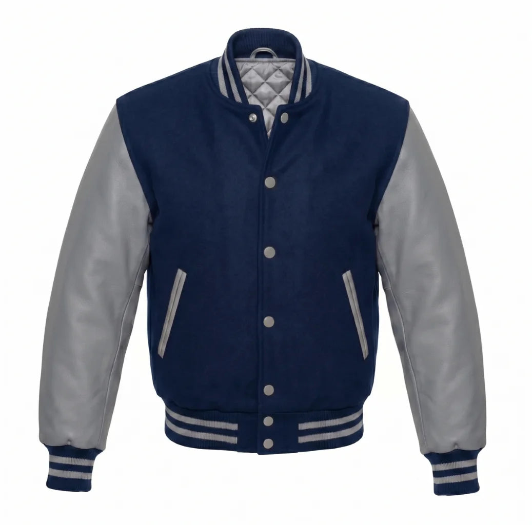 Navy Blue and Grey Varsity Jacket with Wool Body and Leather Sleeves