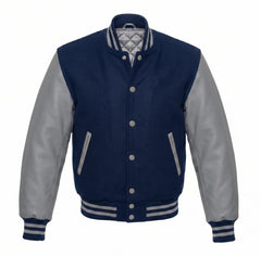 Navy Blue and Grey Varsity Jacket with Wool Body and Leather Sleeves