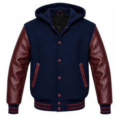 Navy Blue and Maroon Hooded Letterman Jacket
