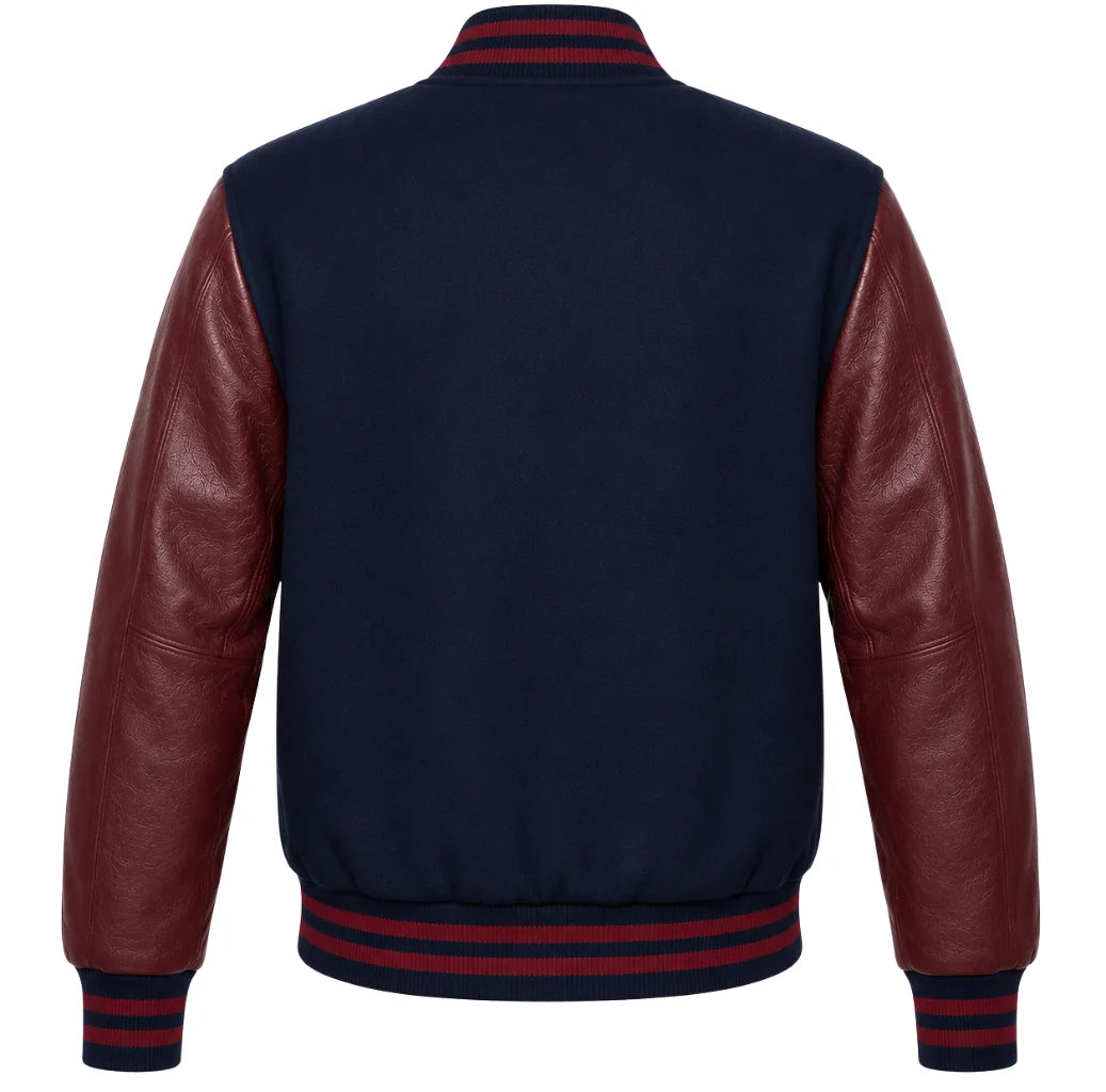 Navy blue wool letterman jacket with maroon cowhide leather sleeves, back view