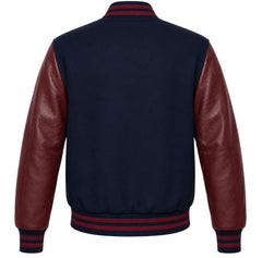 Navy blue wool letterman jacket with maroon cowhide leather sleeves, back view