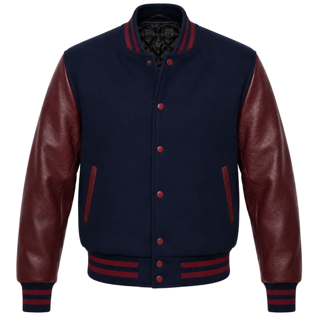 Navy blue melton wool letterman jacket with maroon leather sleeves, front view