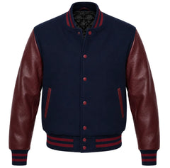 Navy blue melton wool letterman jacket with maroon leather sleeves, front view