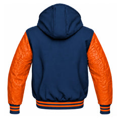 Navy Blue and Orange Hooded Letterman Jacket