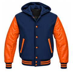 Navy Blue and Orange Hooded Letterman Jacket