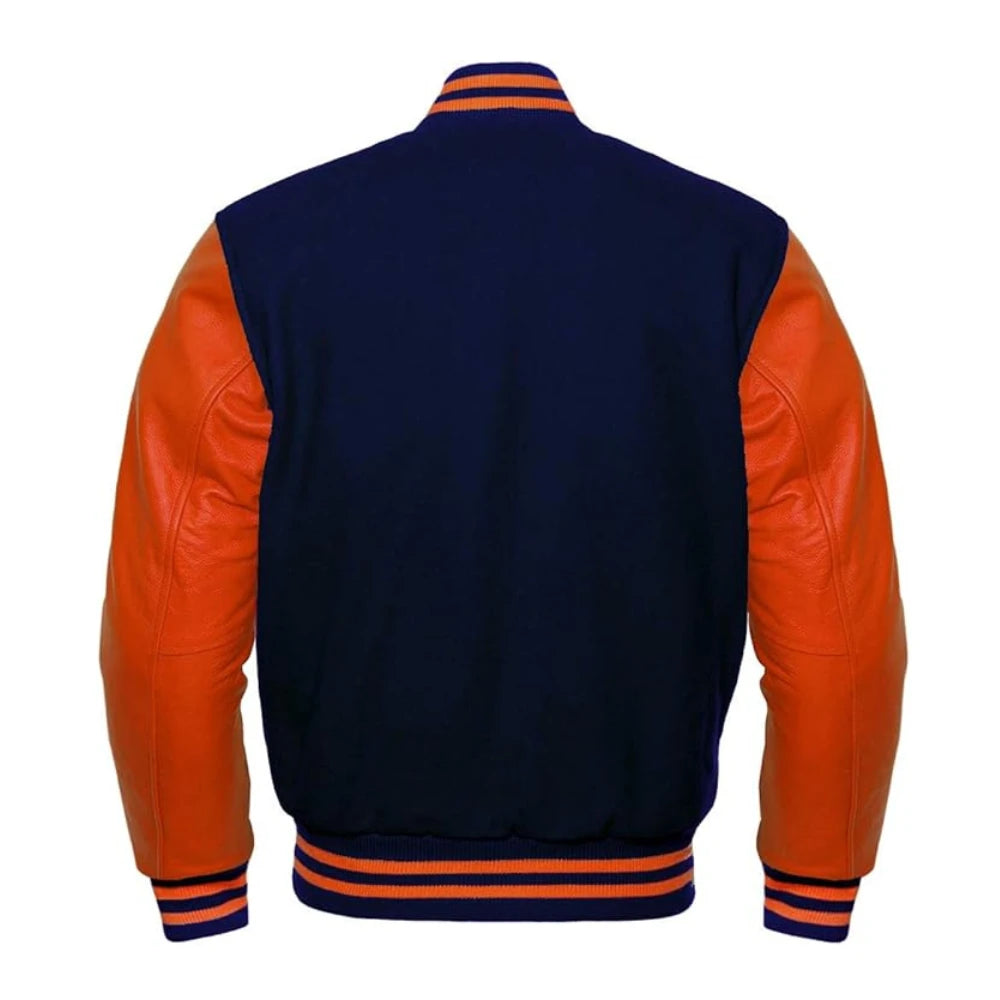 Navy Blue and Orange Varsity Jacket Back Side
