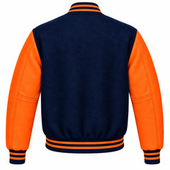 Navy Blue and Orange Wool Varsity Jacket