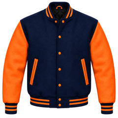 Navy Blue and Orange Wool Varsity Jacket