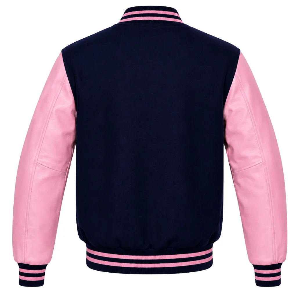 Navy blue wool varsity jacket with pink cowhide sleeves, back view