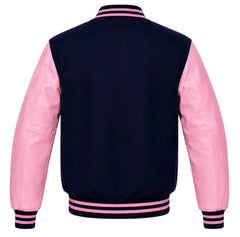 Navy blue wool varsity jacket with pink cowhide sleeves, back view