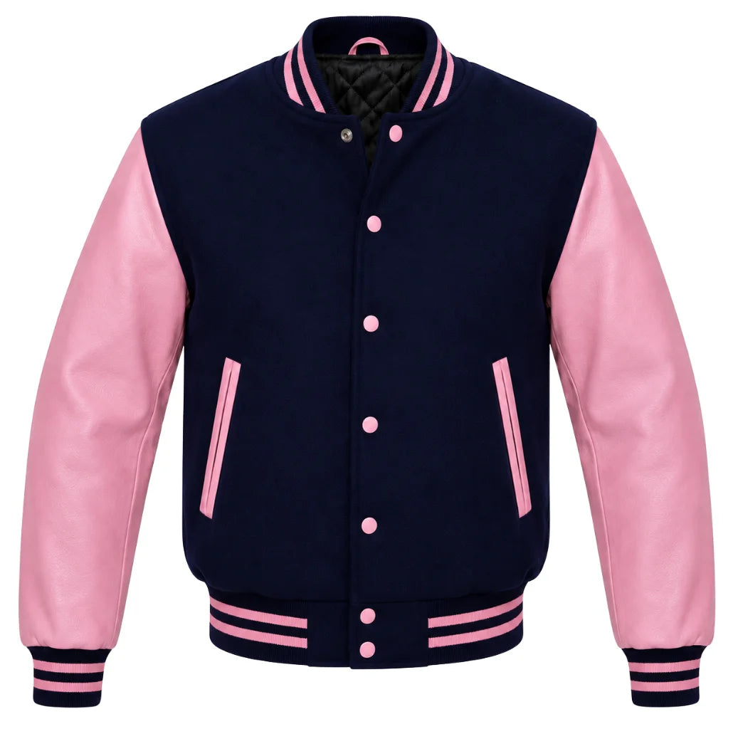 Navy blue melton wool varsity jacket with pink leather sleeves, front view