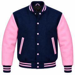 Navy Blue and Pink Wool Varsity Jacket