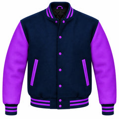 Navy Blue and Purple Wool Letterman Jacket