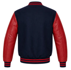 Navy blue wool letterman jacket with red leather sleeves, back view
