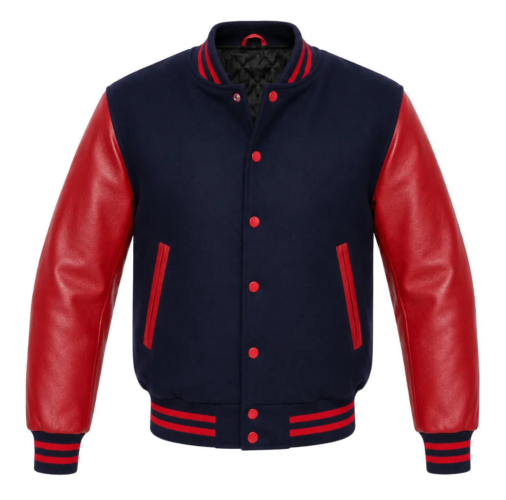 Navy blue melton wool letterman jacket with red cowhide leather sleeves, front view