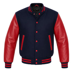 Navy blue melton wool letterman jacket with red cowhide leather sleeves, front view