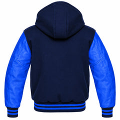 Navy Blue and Royal Blue Letterman Jacket with Hood