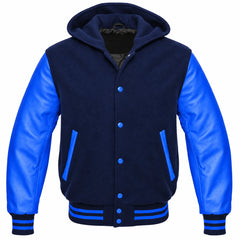 Navy Blue and Royal Blue Letterman Jacket with Hood